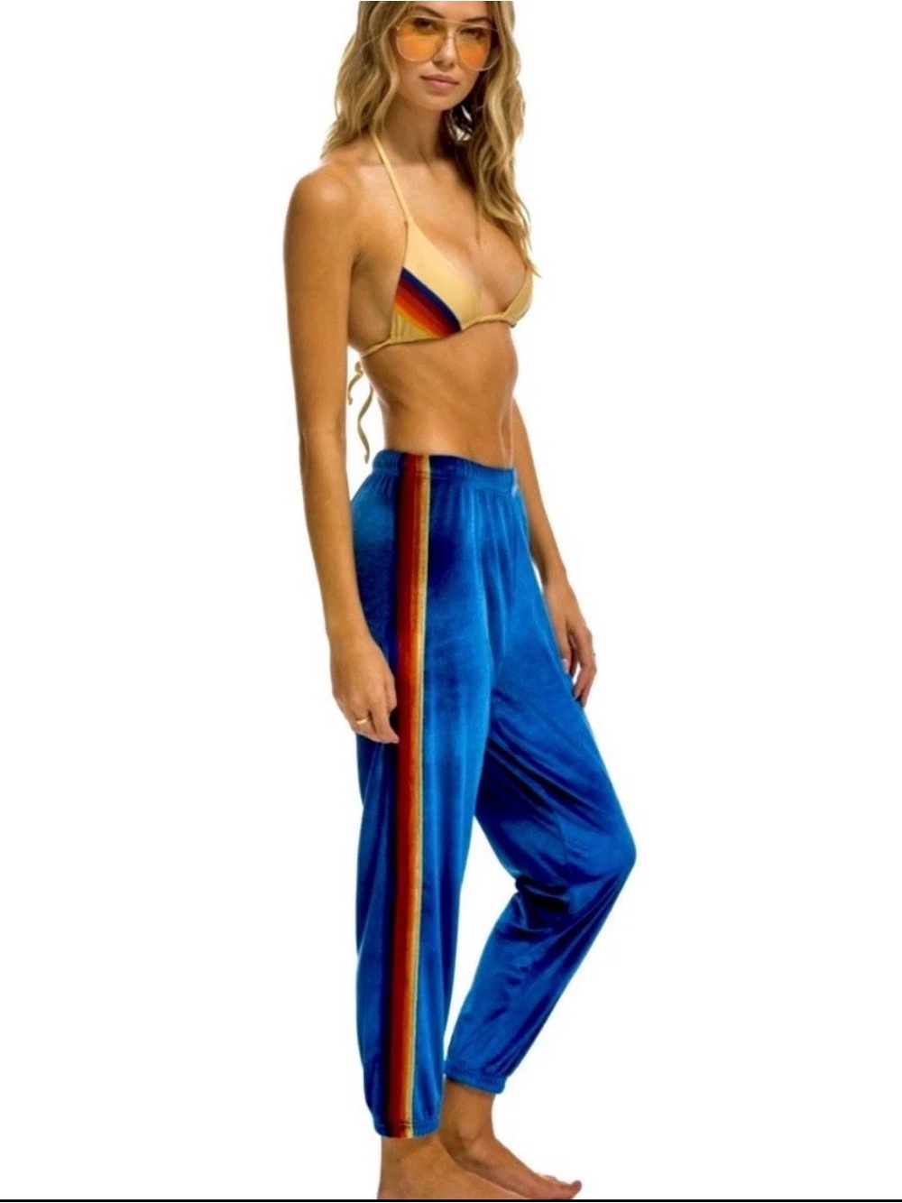 Aviator Nation Classic Blue Velvet Track Pants with Rainbow Side 5 Stripe